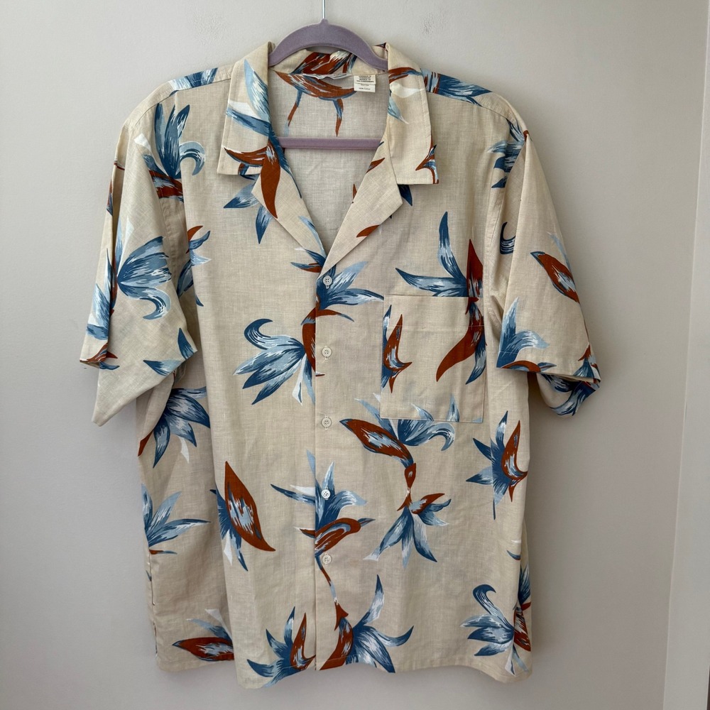 Vintage Islander Bird of Paradise Floral Cotton Camp Shirt Mens XXL Tan Blue